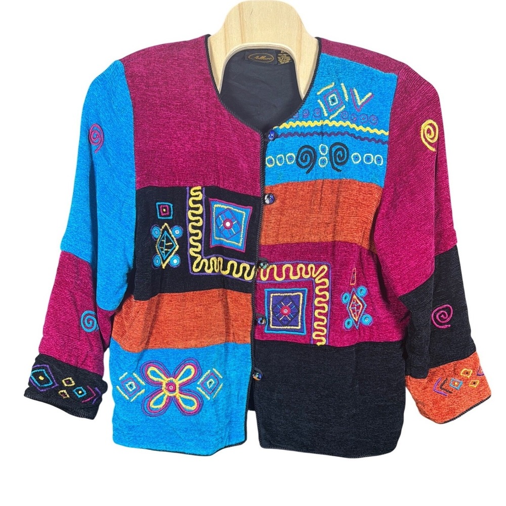 Allure Women 2X Colorblock Embroidered Art to Wear Jacket Textured Rayon Vintage